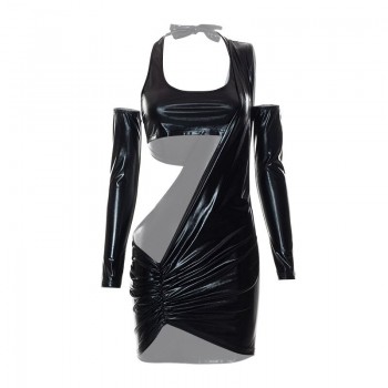 Irregular Bright Black 3 Piece Set Women Sexy Chest Wrap Vest Oversleeve and Pleated Mini Dress