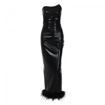 Fuax Leather Strapless Maxi Dresses Women Sexy Ruched Feather Patchwork Slit Skinny Black 