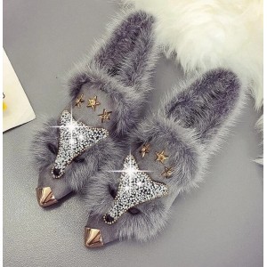 Crystal Fox Pattern Winter Flat Loafers Women Metal Pointed Toe Glitter Fur Black Gray