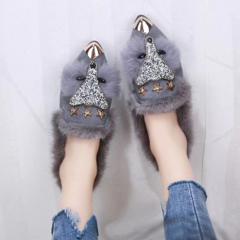 Crystal Fox Pattern Winter Flat Loafers Women Metal Pointed Toe Glitter Fur Black Gray