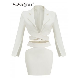 Two Piece Set Female V Neck Long Sleeve Tops High Waist Mini Skirts Slim Cut Out Sets White