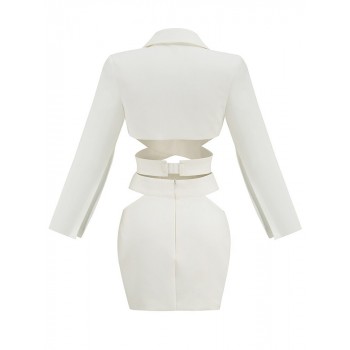  Two Piece Set Female V Neck Long Sleeve Tops High Waist Mini Skirts Slim Cut Out Sets White
