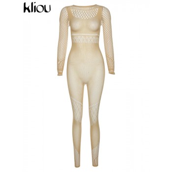 Knitted Pencil Jumpsuit Girl Midnight Outfit Sexy Hollow Out All in One Overall