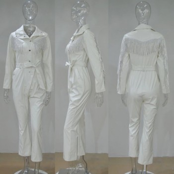 Winter Jumpsuit Women White Bodysuit Clothing Tassel Overalls For Women PU Leather