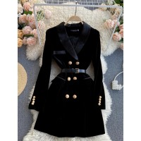 Blazer Coat Women Velvet Suit Jacket Winter Double Breasted Long Sleeve Ladies Black 