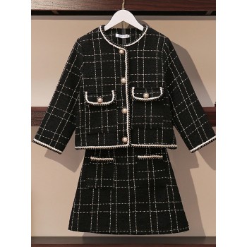 Winter 2 Piece Set Women Short Woolen Tweed Jacket Coat & Bodycon Mini Skirt