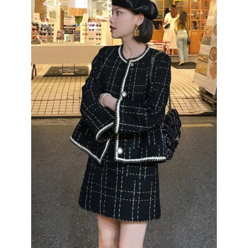Winter 2 Piece Set Women Short Woolen Tweed Jacket Coat & Bodycon Mini Skirt