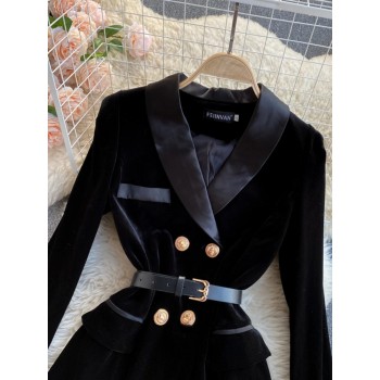 Blazer Coat Women Velvet Suit Jacket Winter Double Breasted Long Sleeve Ladies Black 