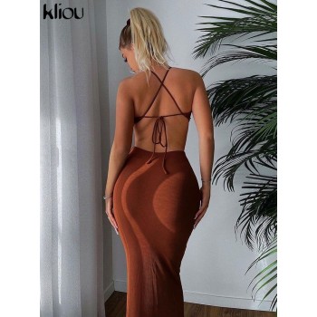 Ribbed Lace up Maxi Dress Women Sexy Solid Sleeveless Backless Body-Shaping Cut Out Skirt Brown