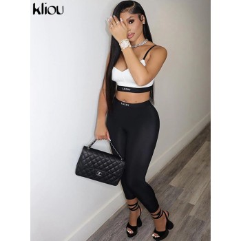 Letter Sporty Stretchy Two Piece Set Women Casual Stitching Yoga Camisole+High Waist Black