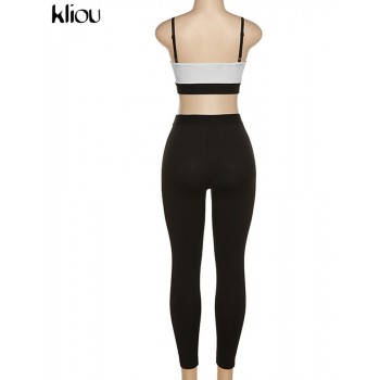Letter Sporty Stretchy Two Piece Set Women Casual Stitching Yoga Camisole+High Waist Black
