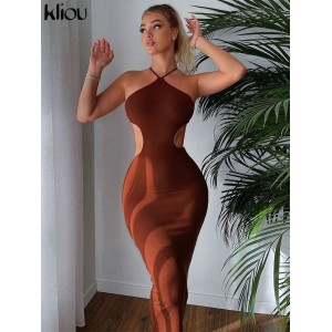 Ribbed Lace up Maxi Dress Women Sexy Solid Sleeveless Backless Body-Shaping Cut Out Skirt Brown