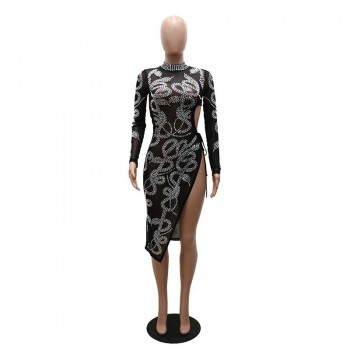 Crystal Embellished Dress Sparkle Womens Long Sleeve Side Slit Rhinestones Black Apricot