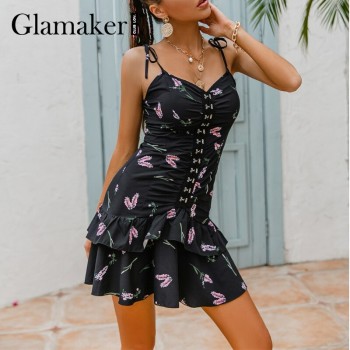 Floral printed fashion sleeveless sundress Holiday beach v-neck mini dress Ruffles summer A-line backless
