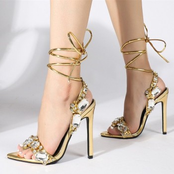 Ankle Strap Golded Sandals Women Party Nightclub Stripper Heels High Quality Crystal Diamond Pointed Toe Wedding Shoe