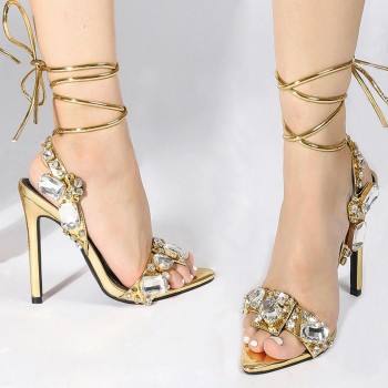 Ankle Strap Golded Sandals Women Party Nightclub Stripper Heels High Quality Crystal Diamond Pointed Toe Wedding Shoe