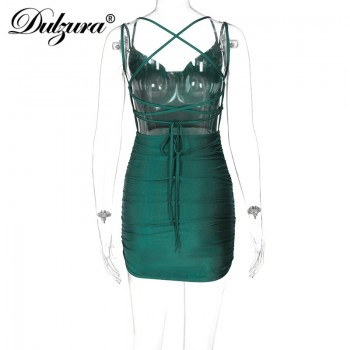 Solid Ruched Women Strap Mini Dress Lace Up Backless Bodycon Bandage Party 