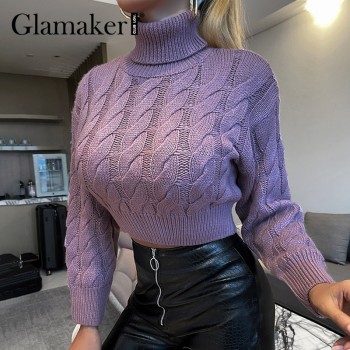 High street Purple knitted turtleneck warm cropped sweaters twist Knit autumn
