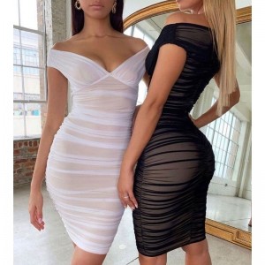 Double Layer Mesh Sexy Party Dress Off Shoulder Elegant Women Dress Ruched 