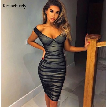 Double Layer Mesh Sexy Party Dress Off Shoulder Elegant Women Dress Ruched 