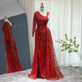 Luxury Beaded Champagne Mermaid Arabic Evening Dress for Women Wedding Guest Plus Size Overskirt Women Formal Party Gowns