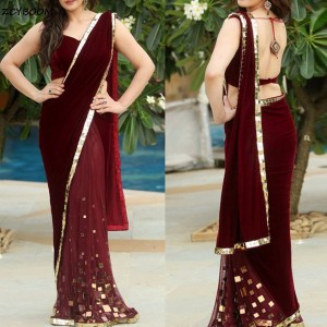 Burgundy Mermaid Velour Saree Evening Dresses 2022 Sexy Backless Long Prom Gowns V-neck India 