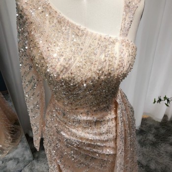Luxury Beaded Champagne Mermaid Arabic Evening Dress for Women Wedding Guest Plus Size Overskirt Women Formal Party Gowns