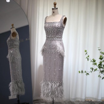 Sharon Said Bling Gray Mermaid Arabic Evening Dress with Cape Luxury Feather Dubai Formal Dresses
