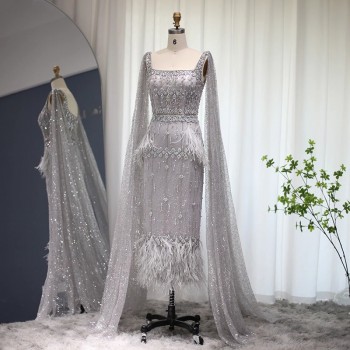 Sharon Said Bling Gray Mermaid Arabic Evening Dress with Cape Luxury Feather Dubai Formal Dresses