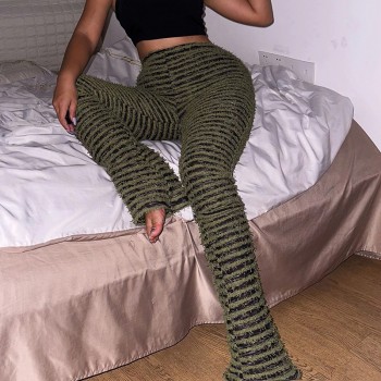 Black and White Striped Knitted Stacked Pants Women Bottoms