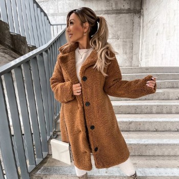 Faux Wool Blends Women Warm Coat 2022 Winter Single Breasted Outerwear Teddy Plush Overcoats