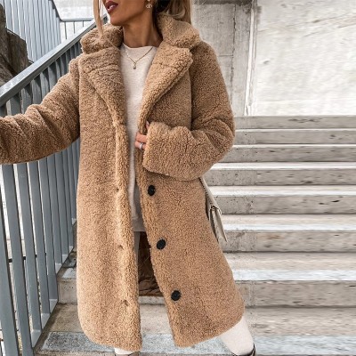 Faux Wool Blends Women Warm Coat 2022 Winter Single Breasted Outerwear Teddy Plush Overcoats