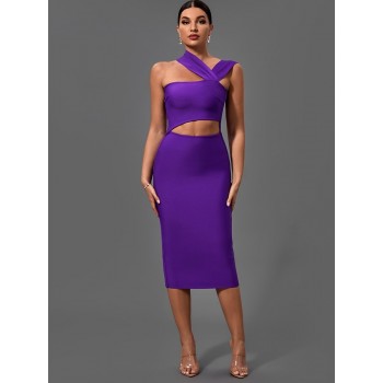 Purple Bodycon Dress Evening Party Elegant Sexy Cut Out Midi Bandage Dress