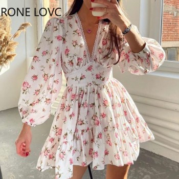 Women Floral V neck Puff Sleeve Lace Sweet Short Dress White