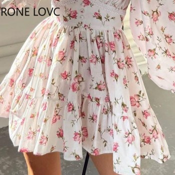 Women Floral V neck Puff Sleeve Lace Sweet Short Dress White