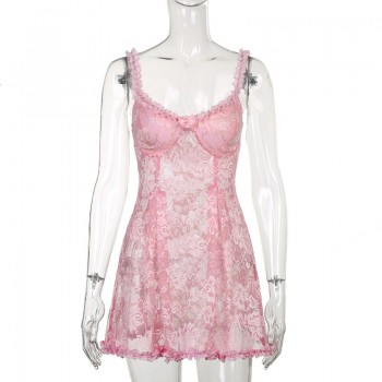 Lace Cami Dress See Through Sexy Slim Sleeveless Ruffles Bow A-Line Mini Dress Pink