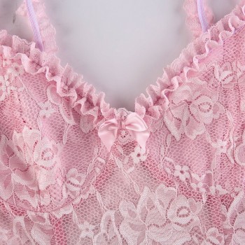 Lace Cami Dress See Through Sexy Slim Sleeveless Ruffles Bow A-Line Mini Dress Pink