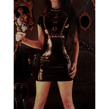Punk Grunge PU Black Summer Dress For Women Gothic Clothes Patchwork Mini Dress