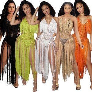 Knit Rib Tassel Bodysuit Rompers Sexy Fishnet Halter Lace Up V Neck See Through Swimsuit