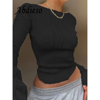 Ruched Long Sleeve T Shirts Women Casual White Skinny Black Basic Tee Fashion Street Cropped 