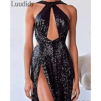 Women Sexy Cold Shoulder Backless High Slit Maxi Sequin Party Dress