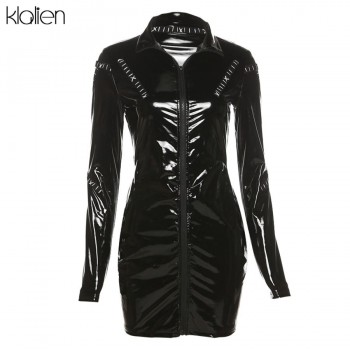 Casual Long Sleeve Turtleneck PU Leather Zipper Bodycon Dresses Women Autumn New Skinny Active Clubwear 
