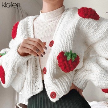 Fashion Elegant Cute Print Strawberry Single Breasted Sweater Women Autumn Thicken Warm Cardigan Sweater