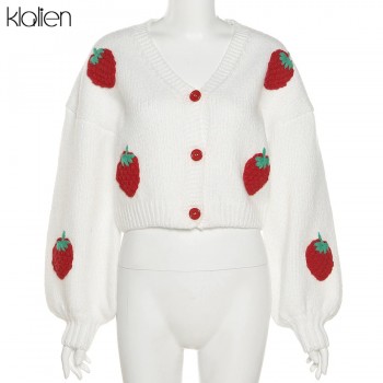 Fashion Elegant Cute Print Strawberry Single Breasted Sweater Women Autumn Thicken Warm Cardigan Sweater