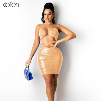 Fashion Sexy Hollow Out Bandage Solid Slim Stretch PU Leather Dress Y2K For Women 2021
