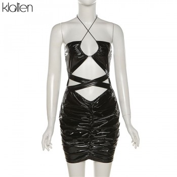 Fashion Sexy Hollow Out Bandage Solid Slim Stretch PU Leather Dress Y2K For Women 2021