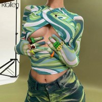 Sexy Hollow Out Mesh Print Striped Skinny Stretch V Neck Long Sleeve With Gloves Women T Shirt Casual 