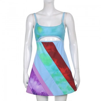Cutout Colorful Y2K Mini Dress Spaghetti Strap Bodycon Sundress Vintage E-Girl Summer Party Clubwear A-line Dress