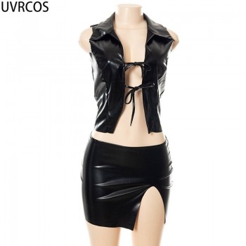 Two Piece Set Women Summer Simenual Y2K Clothes Leather Hollow Out Lace Up Sexy Cleavage Tees+Straight Skirt Club Outfit