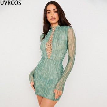 Women 2021New Arrival Mini Dress Hot Streetwear Trendy Clothes Sexy Cleavage Bandage Cut Out Mesh Print Dress